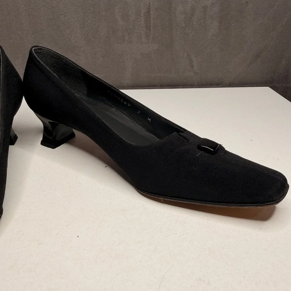 Vtg Stuart Weitzman Kitten Heels Womens Sz 7‎ Black Square Toe Buckle Old Money